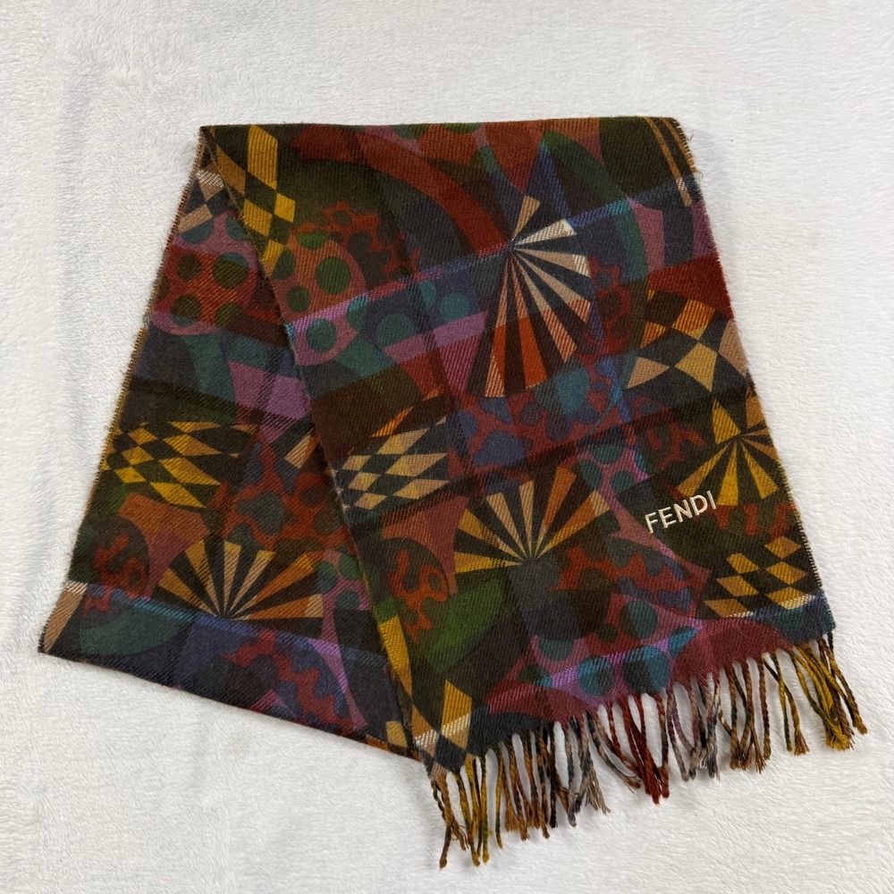 FENDI Multicolor Geometric Abstract Scarf Embroidered Logo Fringe Bohemian Fall